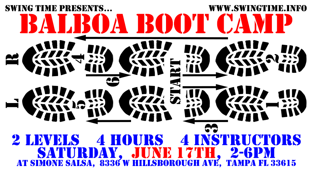 Swing Time presents: Balboa Boot Camp, 2 Levels, 4 Hours, 4 Instructors, Saturday June 17th 2017, 2-6pm, at Simone Salsa studio, 8336 W Hillsborough Ave, Tampa, FL 33615.