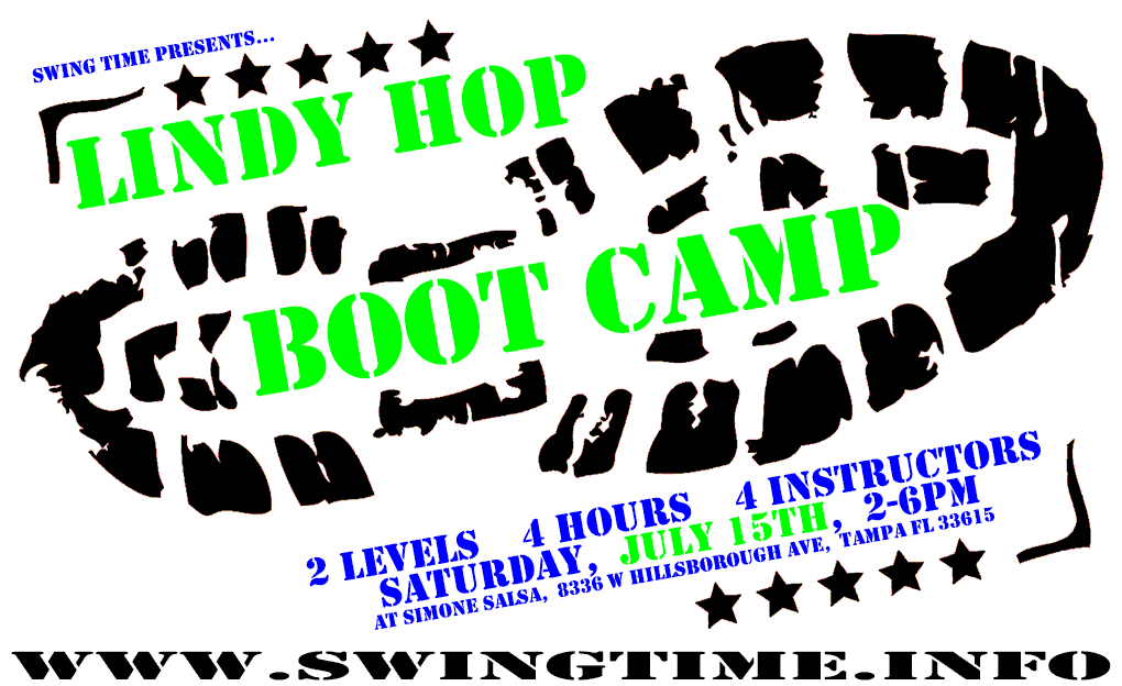 Swing Time presents: Lindy Hop Boot Camp, 2 Levels, 4 Hours, 4 Instructors, Saturday July 15th 2017, 2-6pm, at Simone Salsa studio, 8336 W Hillsborough Ave, Tampa, FL 33615.